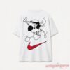 One Piece Luffy Drawn Jolly Roger Swoosh T-Shirt back view featuring hand-drawn pirate skull and red swoosh