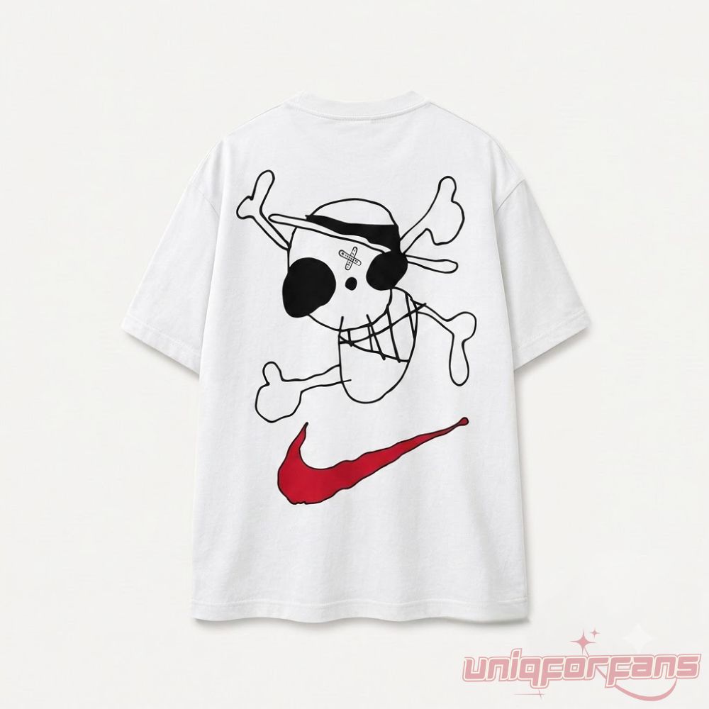 One Piece Luffy Drawn Jolly Roger Swoosh T-Shirt back view featuring hand-drawn pirate skull and red swoosh