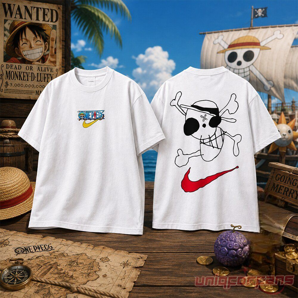 One Piece Luffy Drawn Jolly Roger Swoosh T-Shirt back view with hand-drawn pirate skull and red swoosh