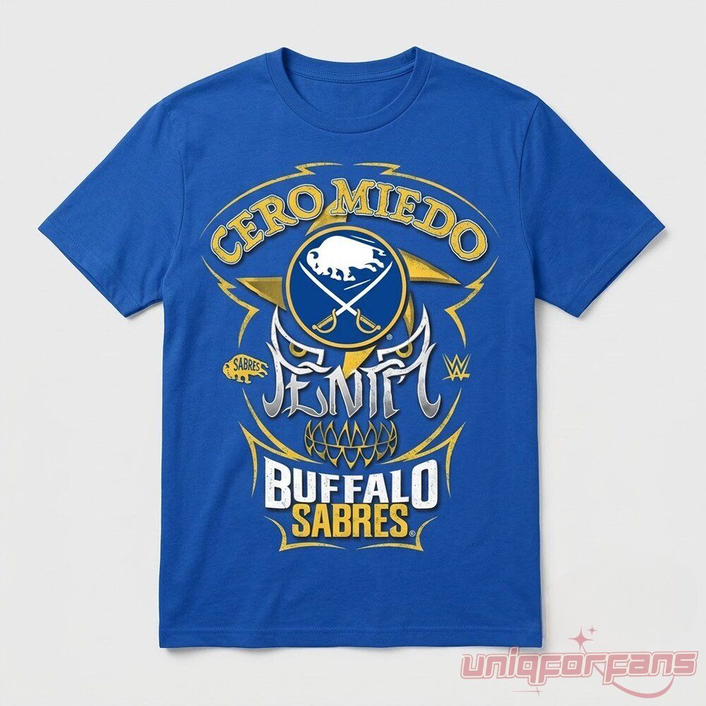 Penta El Zero M Buffalo Sabres Cero Miedo Blue T-Shirt flat lay displaying front crossover graphic