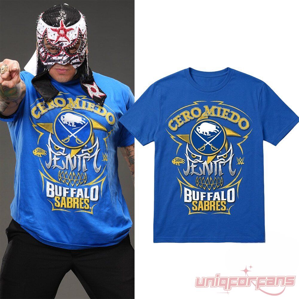 Penta El Zero M Buffalo Sabres Cero Miedo Blue T-Shirt front graphic display on blue tee