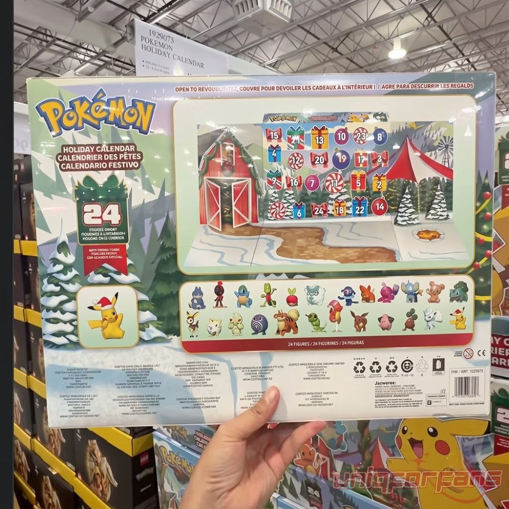 Pokémon 24-Piece Holiday Advent Calendar Playset back box displaying numbered doors and 24 mini toy figures