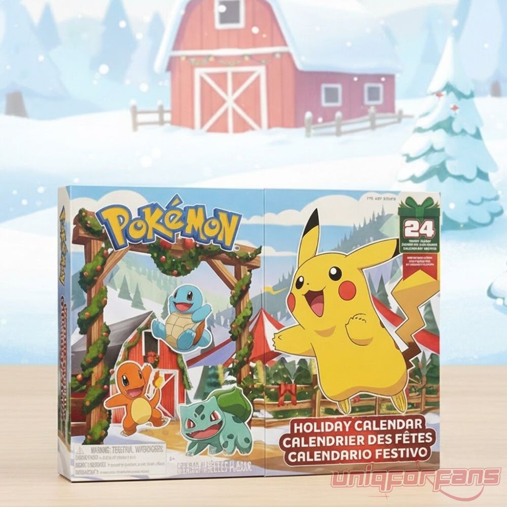 Pokémon 24-Piece Holiday Advent Calendar Playset box showing Pikachu, Charmander, Squirtle, and Bulbasaur