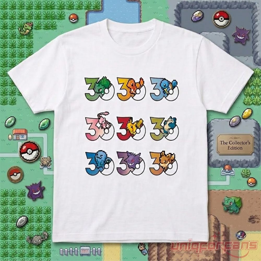 Pokémon 30th Anniversary Pixel Sprites Graphic T-Shirt featuring pixelated starters and iconic Pokémon graphics