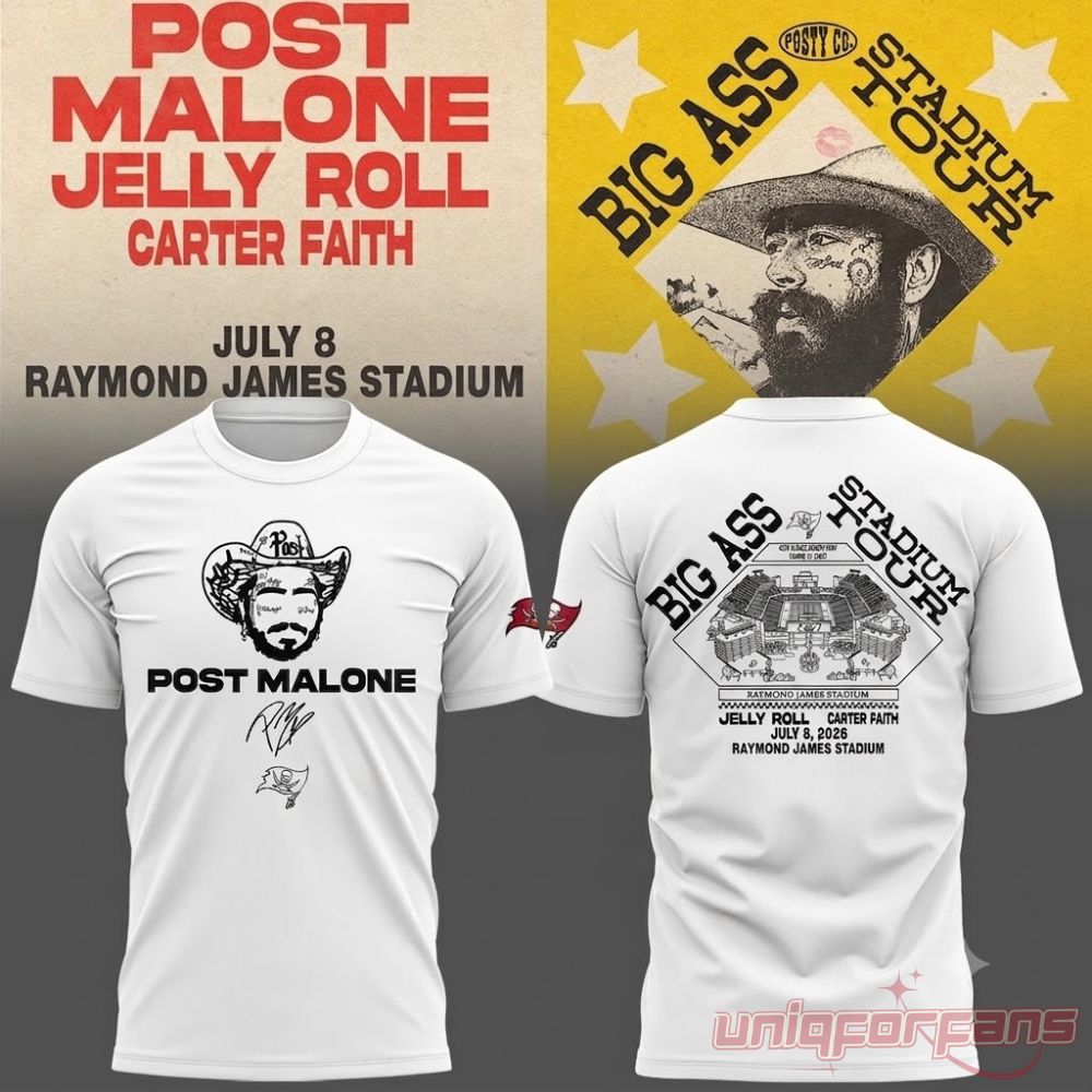 Post Malone Big Ass Stadium Tour 2026 white t-shirt front and back view with Raymond James Stadium graphic print