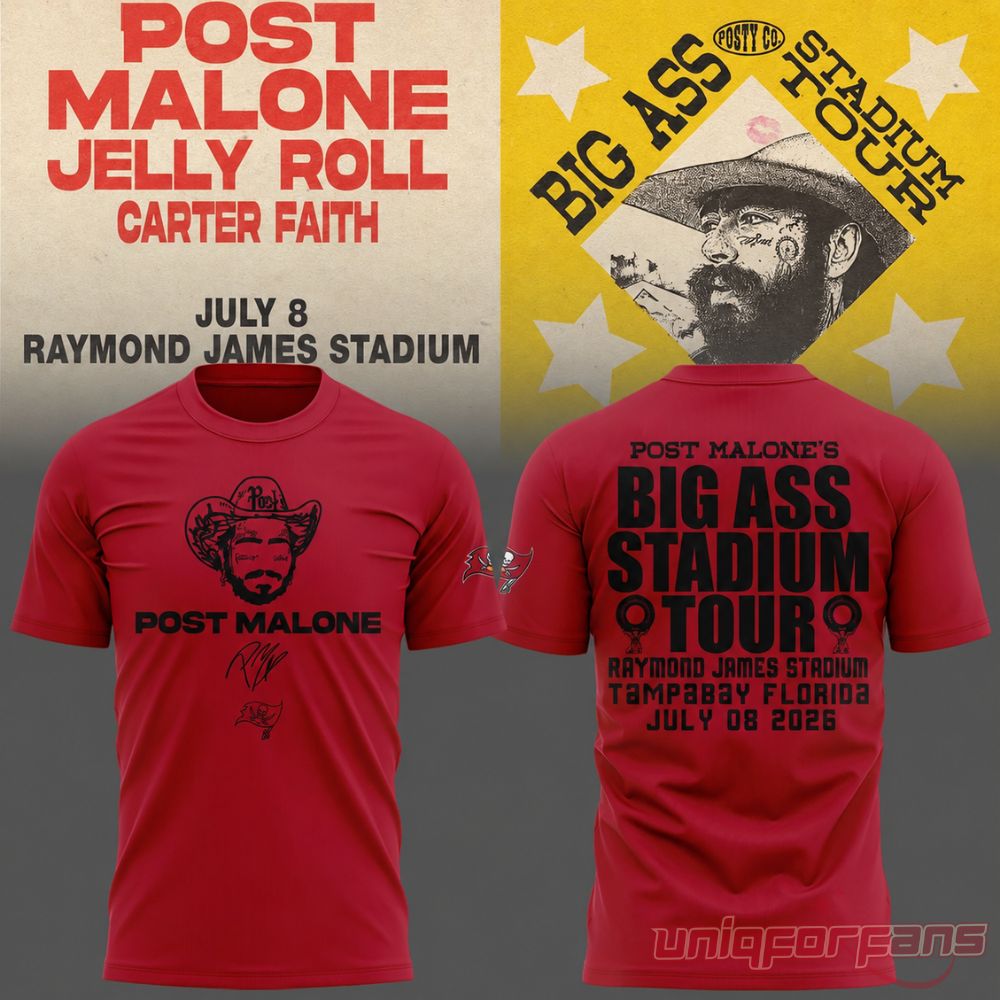 Post Malone Buccaneers Big Ass Stadium Tour 2026 red t-shirt front and back view with Tampa Bay concert details