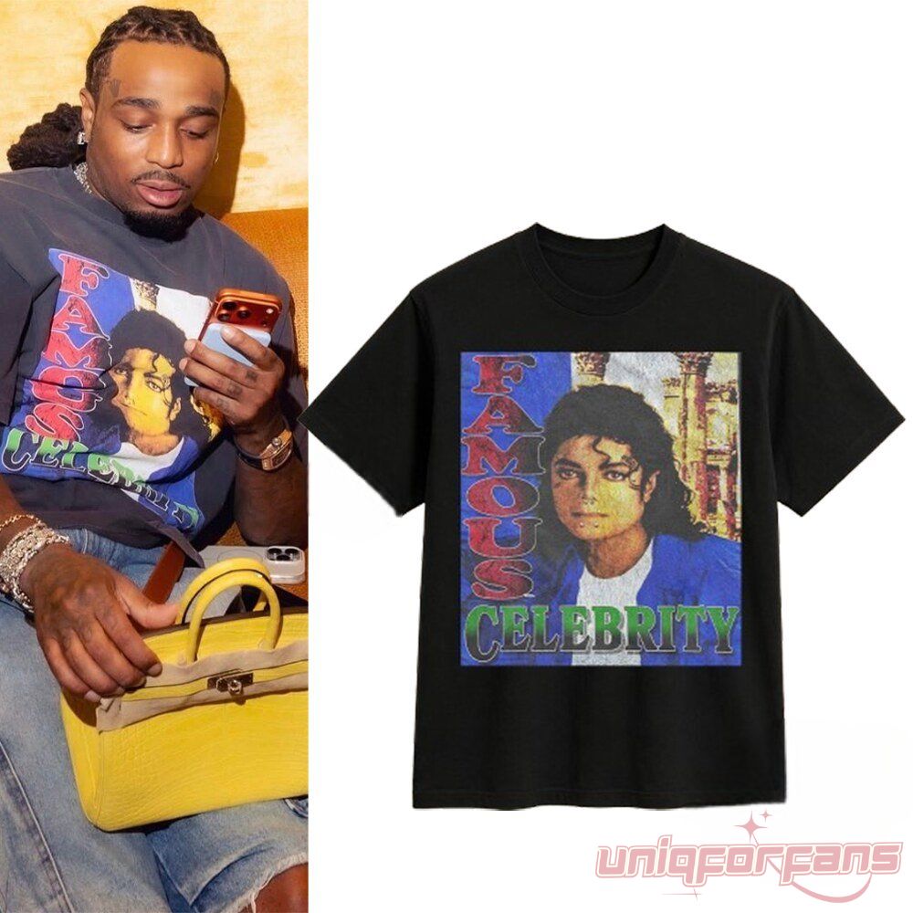 Quavo Michael Jackson Famous Celebrity Shirt black vintage graphic t-shirt product mockup beside Quavo wearing it