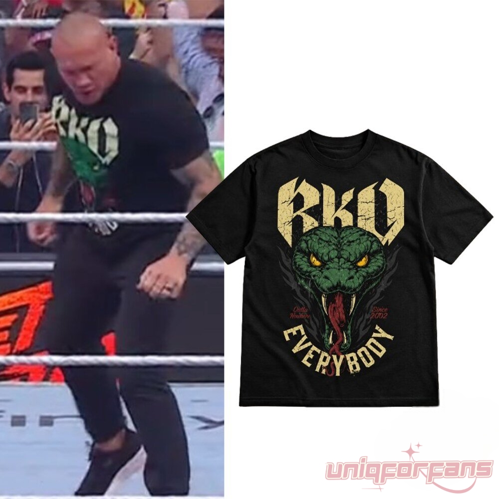 Randy Orton SummerSlam Green Viper RKO Graphic Tee worn in WWE ring and flat lay view on black t-shirt