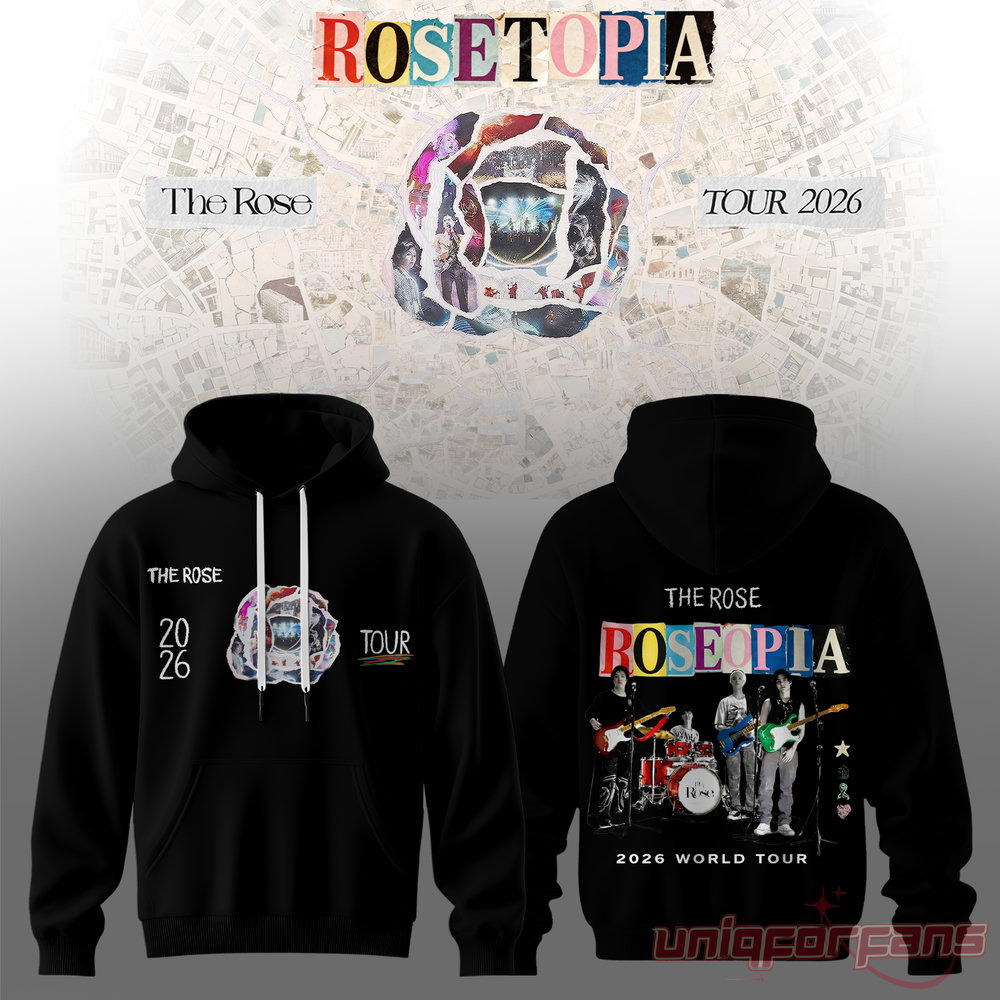 Rosetopia The Rose Tour 2026 Live Session Hoodie in black with colorful band illustration print on the back