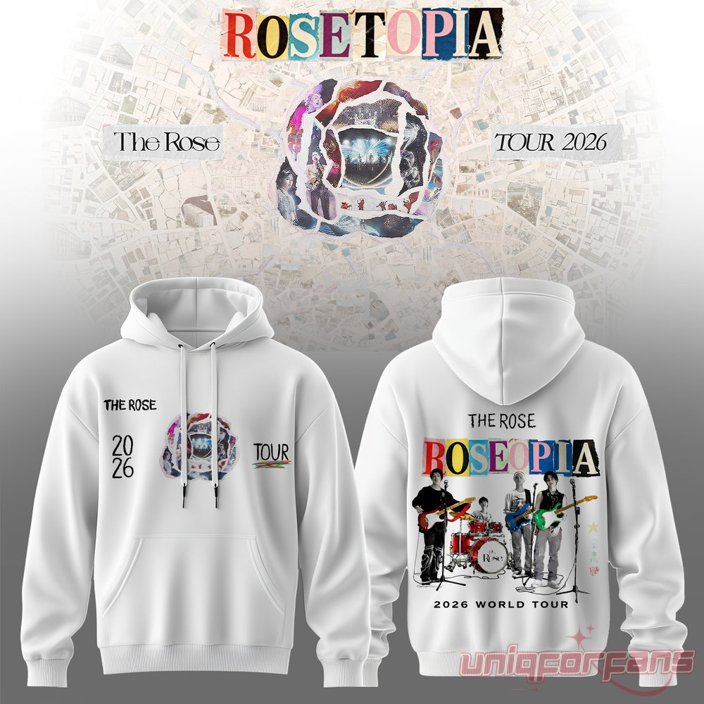 Rosetopia The Rose Tour 2026 Live Session Hoodie in white with colorful band illustration print on the back