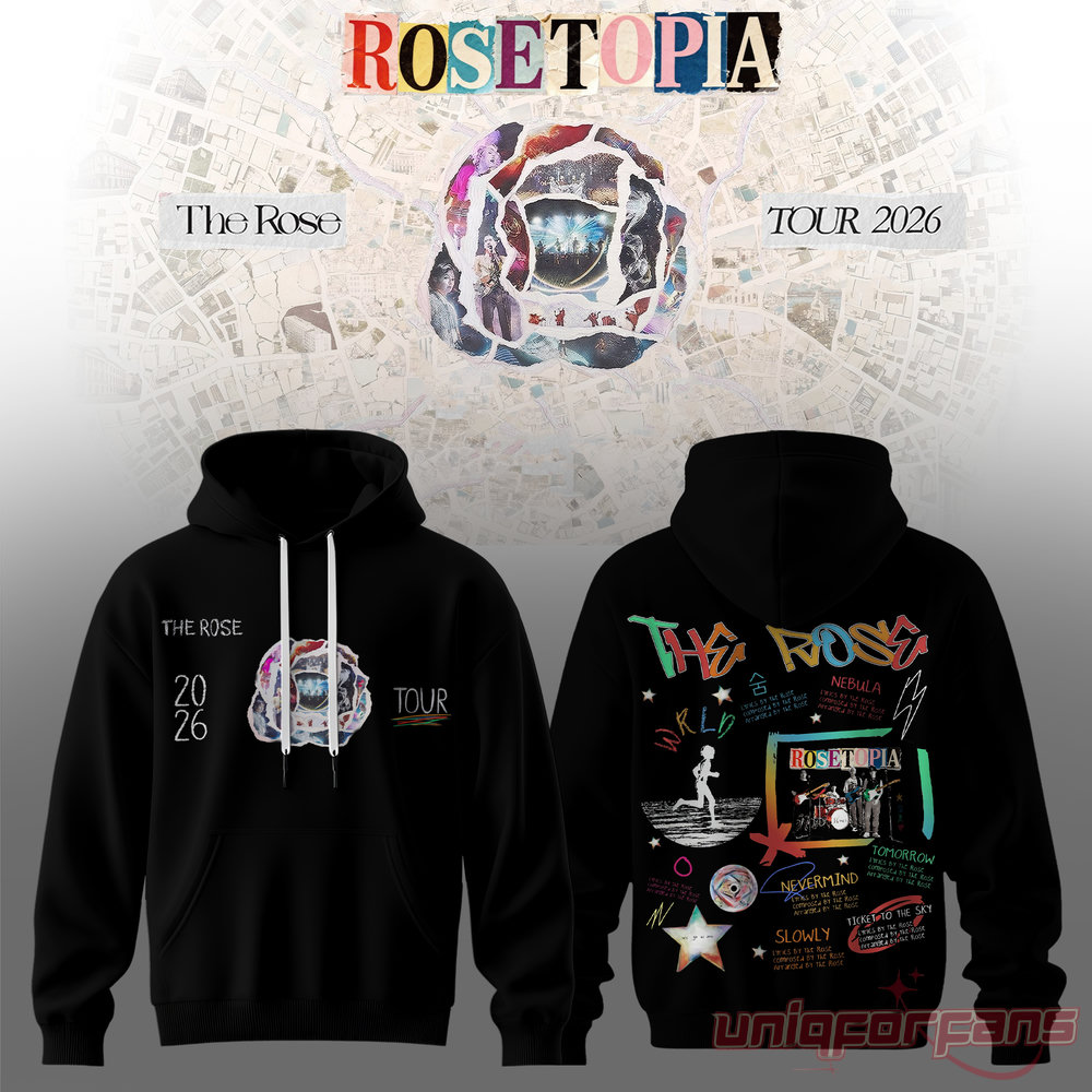 Rosetopia The Rose Tour 2026 Live Session Hoodie in black with colorful song tracklist collage graphic on the back