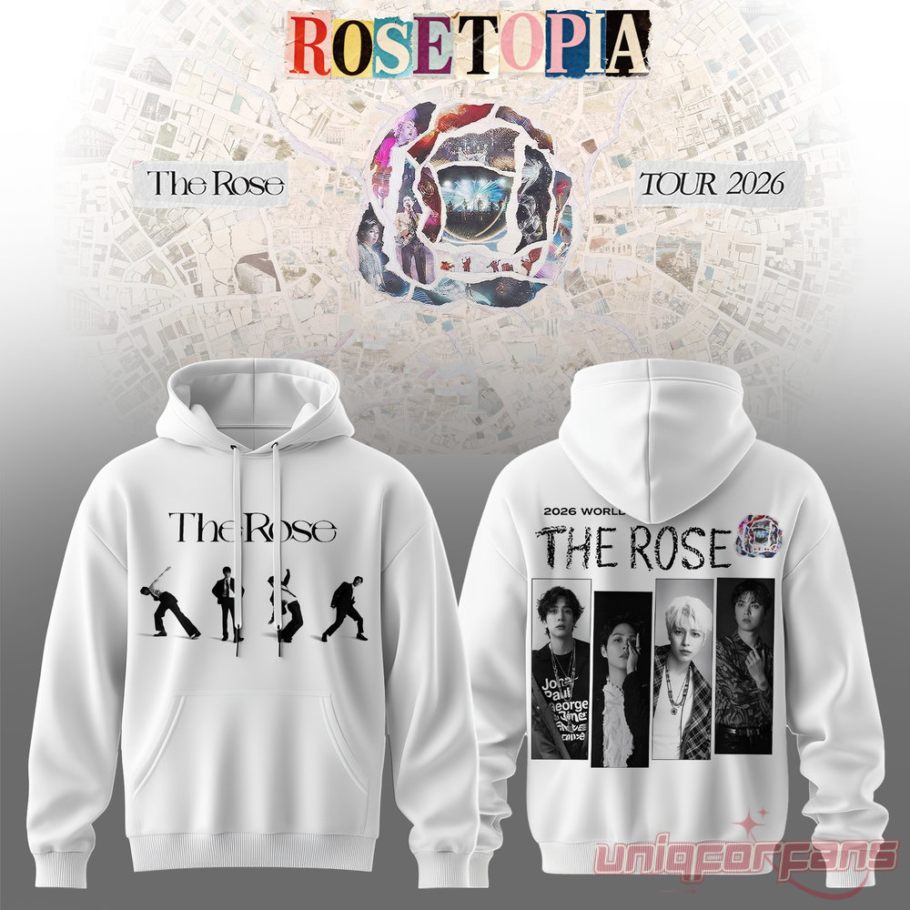 Rosetopia The Rose Tour 2026 Live Session Hoodie in white with black and white member photo panels on the back