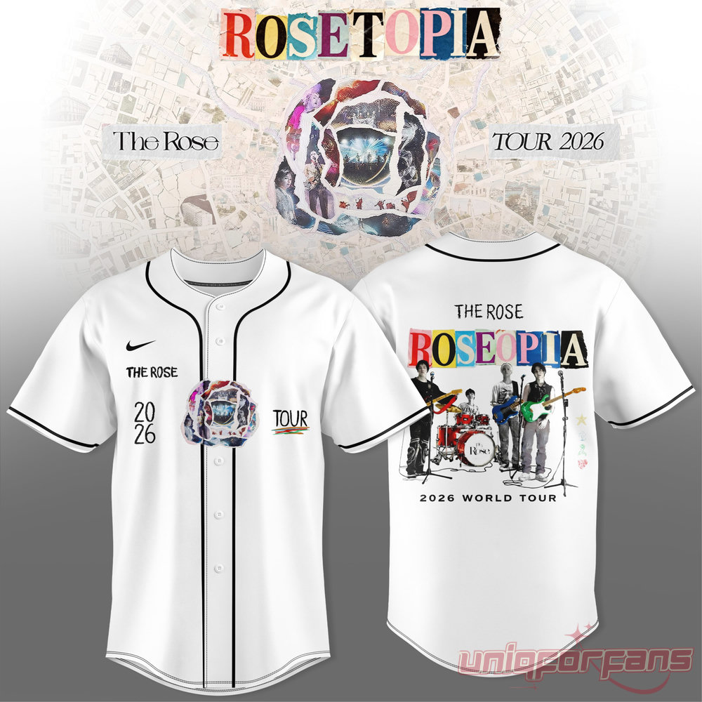 Rosetopia The Rose World Tour 2026 Live Session Baseball Jersey in white with back band illustration graphic