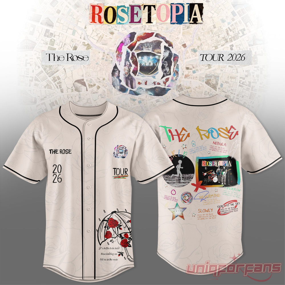 Rosetopia The Rose World Tour 2026 Live Session Baseball Jersey in cream with handwritten song titles and album graphic