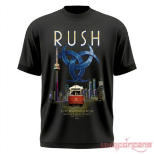 Rush Fifty Something Tour 2026 black t-shirt with Scotiabank Arena Toronto streetcar front graphic