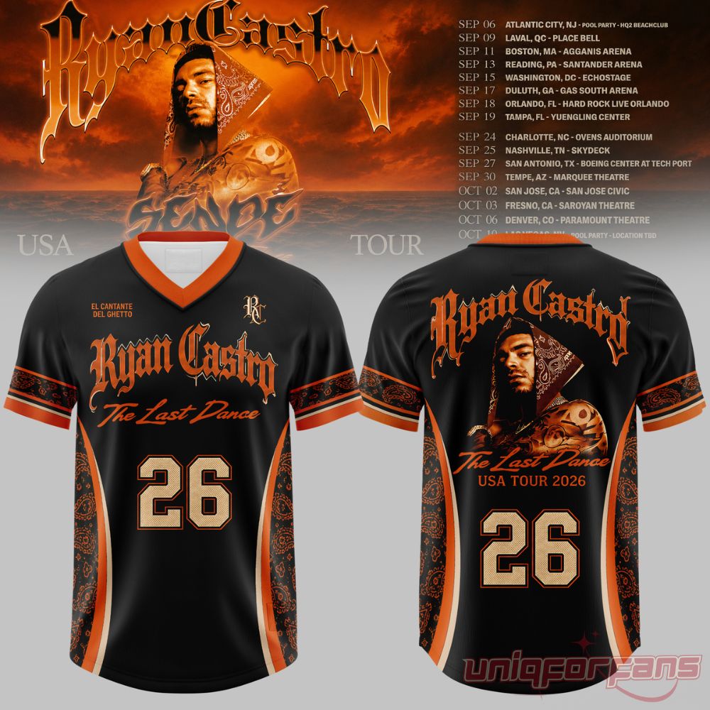 Ryan Castro Sende The Last Dance USA Tour 2026 Football Jersey in black with orange v-neck collar and number 26 graphic