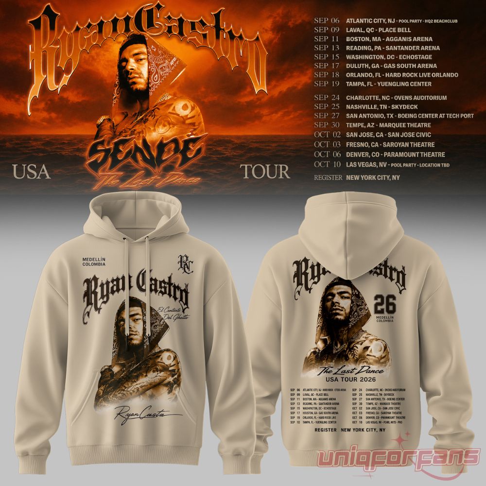 Ryan Castro Sende The Last Dance USA Tour 2026 Hoodie in beige featuring front artist portrait and back tour dates list