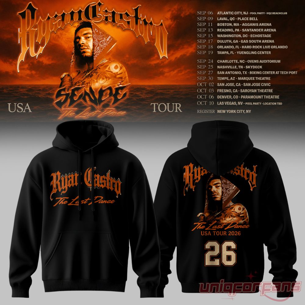 Ryan Castro Sende The Last Dance USA Tour 2026 Hoodie in black featuring orange gothic text and artist back portrait