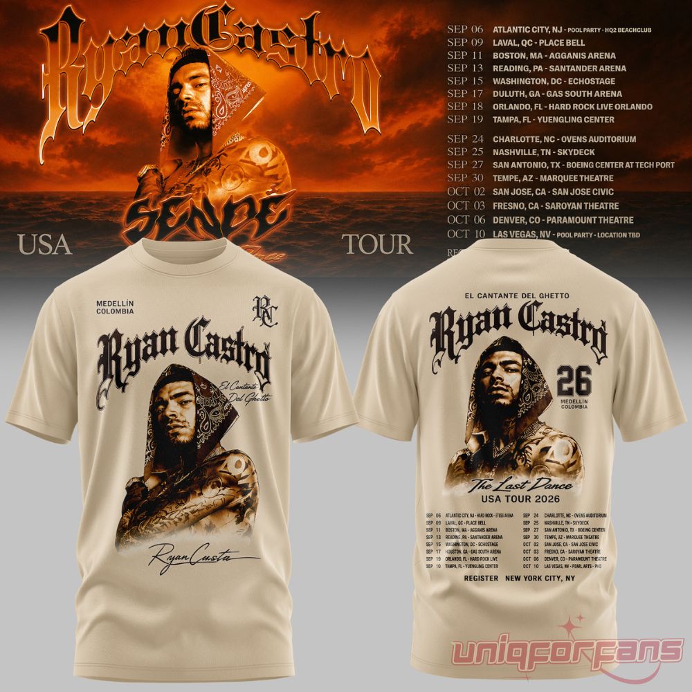 Ryan Castro Sende The Last Dance USA Tour 2026 T-Shirt in beige featuring artist portrait print and back tour schedule