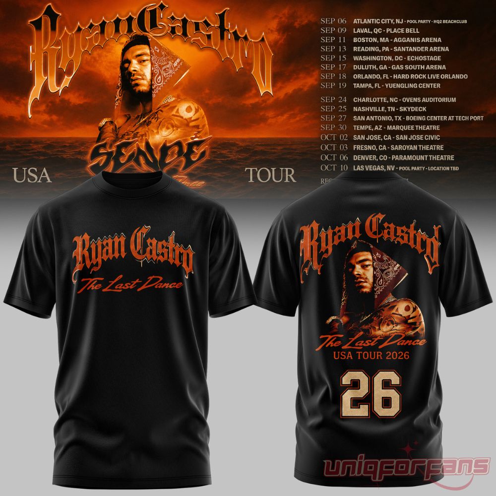 Ryan Castro Sende The Last Dance USA Tour 2026 T-Shirt in black featuring front orange title text and back number 26 graphic