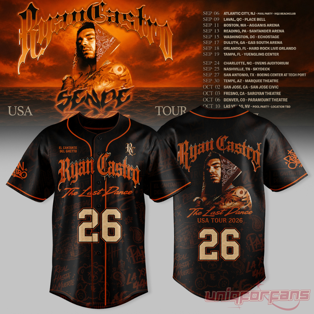 Ryan Castro The Last Dance USA Tour 2026 Baseball Jersey front and back view in black with orange 26 back number print