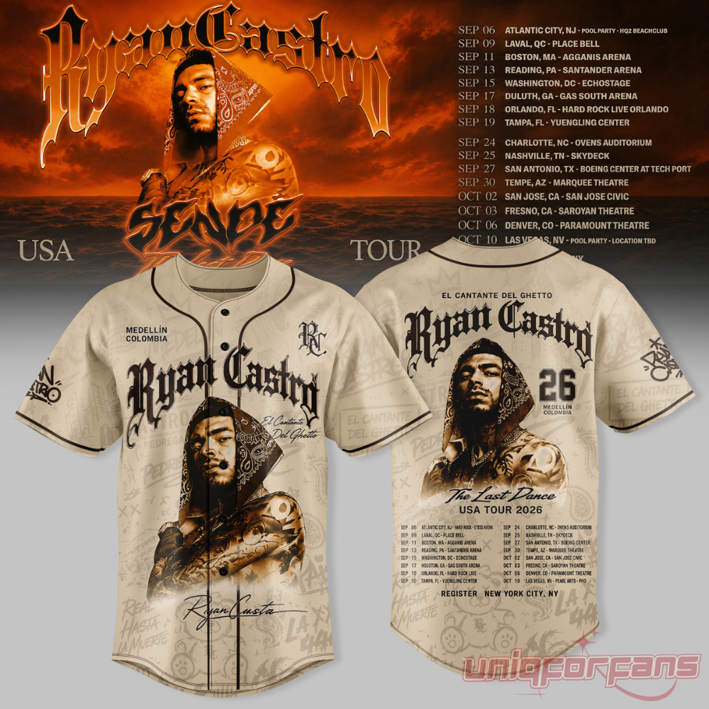 Ryan Castro The Last Dance USA Tour 2026 Baseball Jersey in beige featuring dark trim, portrait graphic, and tour list