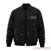 Ryan Gosling Star Wars Starfighter Varsity Bomber Jacket front view in black with starry print and yellow Star Wars logo