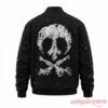 Ryan Gosling Star Wars Starfighter Varsity Bomber Jacket back view featuring a large distressed Rebel skull graphic print