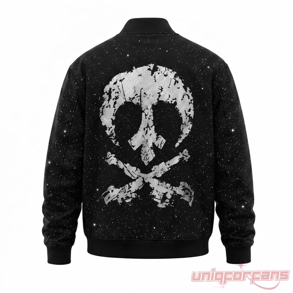 Ryan Gosling Star Wars Starfighter Varsity Bomber Jacket back view featuring a large distressed Rebel skull graphic print