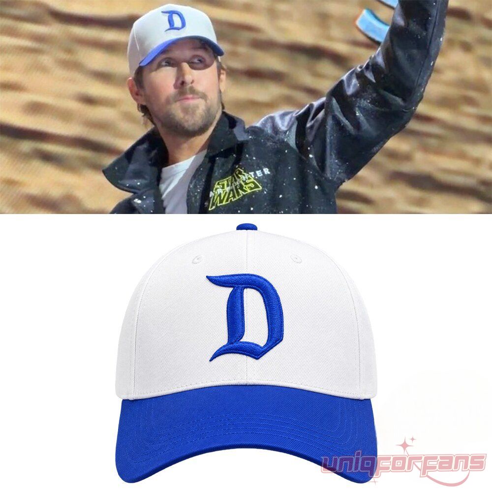 Ryan Gosling Vintage Disneyland Blue D Logo Baseball Cap featuring blue embroidered letter D on a white front panel