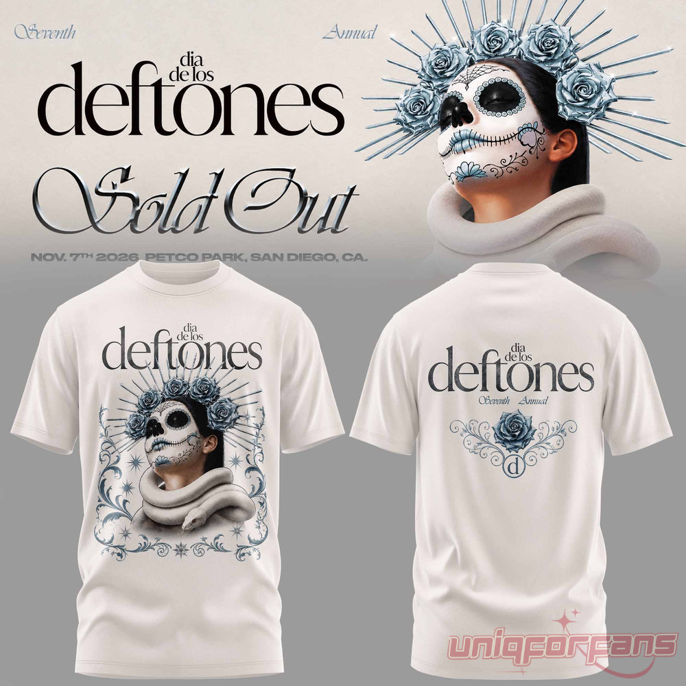 Dia De Los Deftones crewneck t-shirt in off-white featuring sugar skull art, snake, and blue rose back graphic