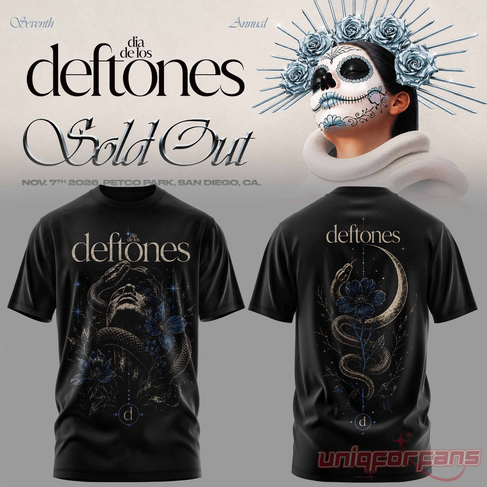 Dia De Los Deftones crewneck t-shirt in black featuring surrealist face and snake artwork with crescent moon back print