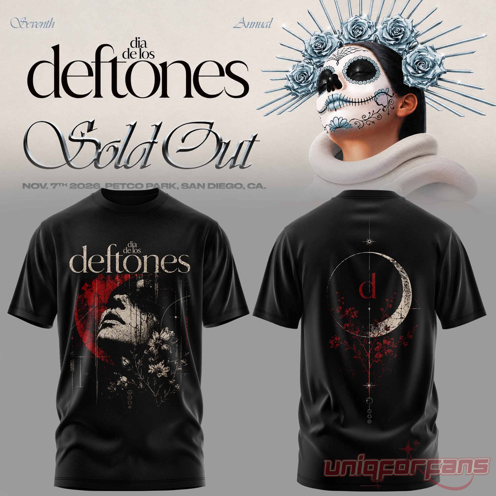 Dia De Los Deftones crewneck t-shirt in black featuring red shadowed face portrait and crescent moon back print