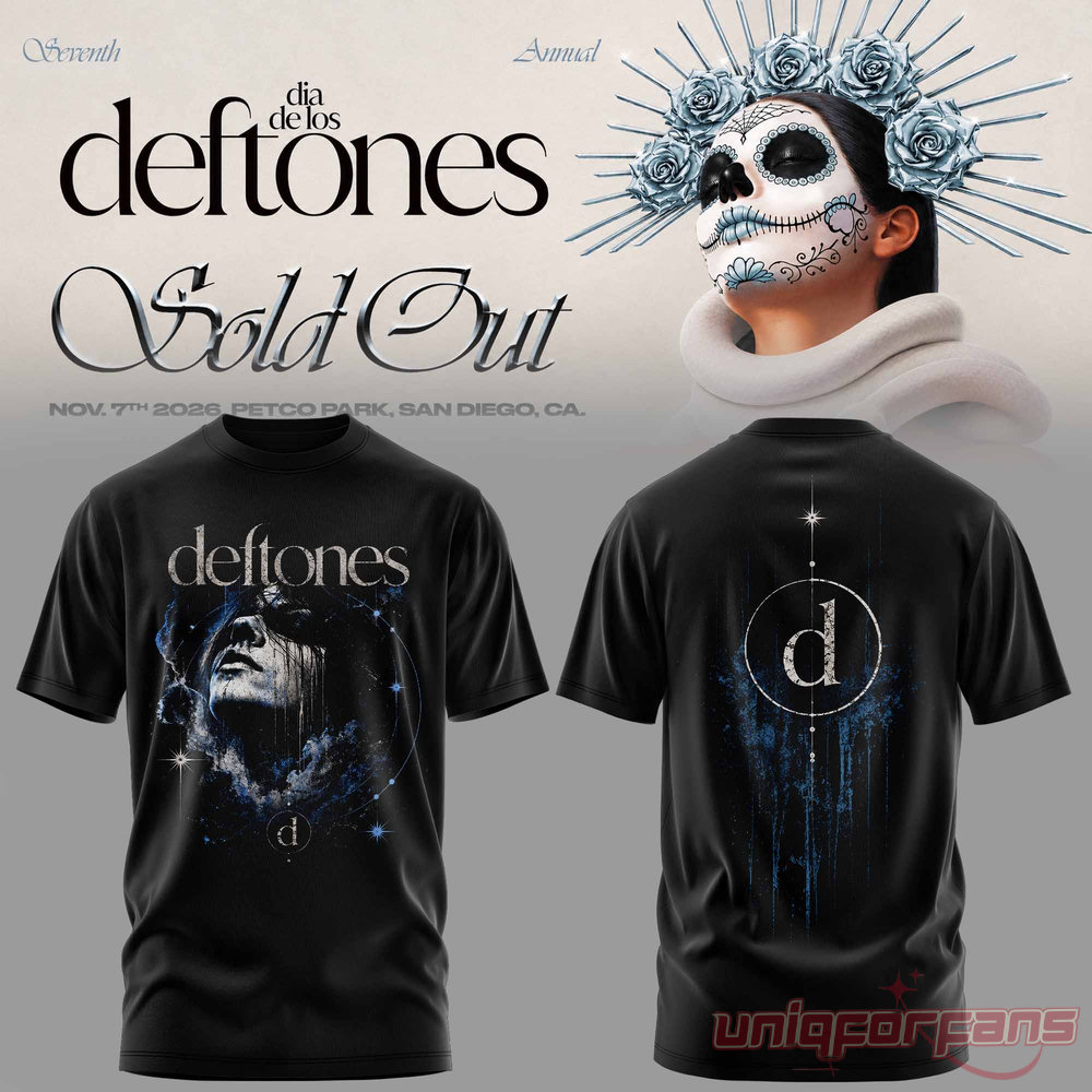 Dia De Los Deftones crewneck t-shirt in black featuring blue celestial face graphics and 'd' logo back print
