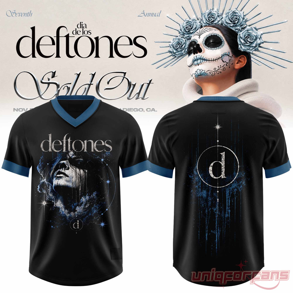 Dia De Los Deftones V-neck football jersey in black with blue trim, featuring celestial face artwork and 'd' logo back