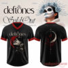 Dia De Los Deftones V-neck football jersey in black with red trim, featuring shadowed face portrait and crescent moon back