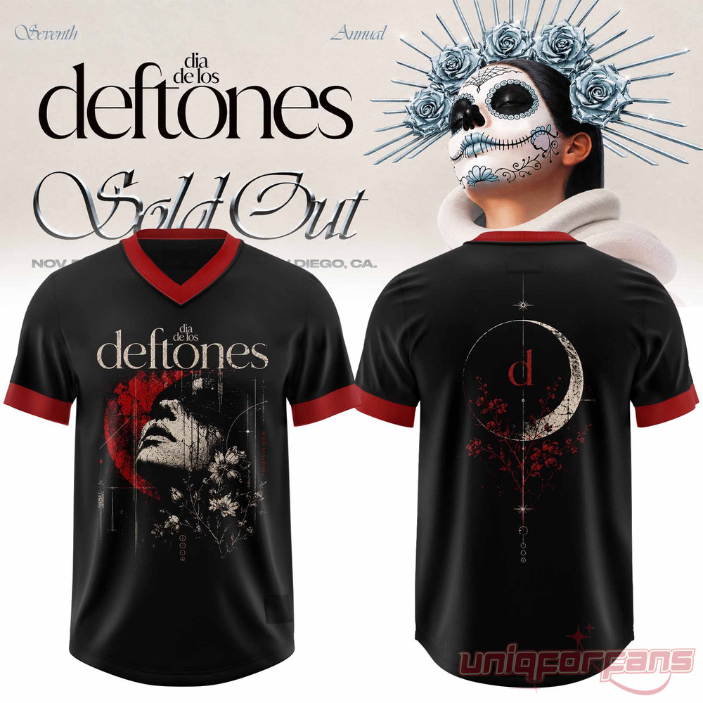 Dia De Los Deftones V-neck football jersey in black with red trim, featuring shadowed face portrait and crescent moon back