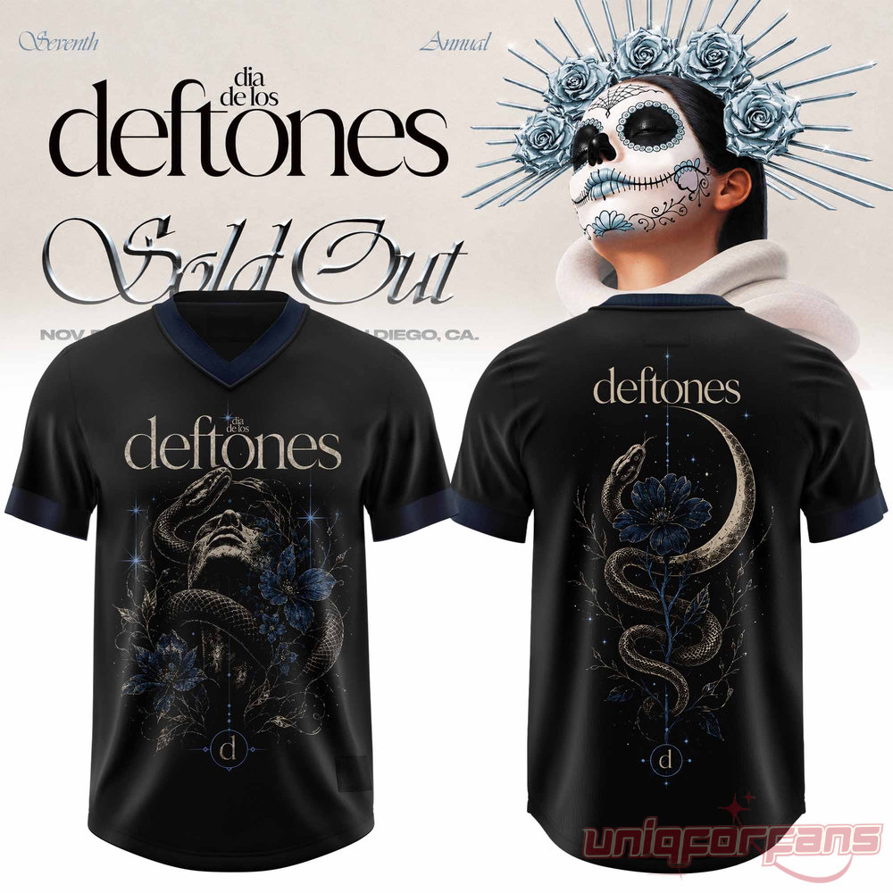 Dia De Los Deftones V-neck football jersey in black featuring surrealist face and snake art with crescent moon back print