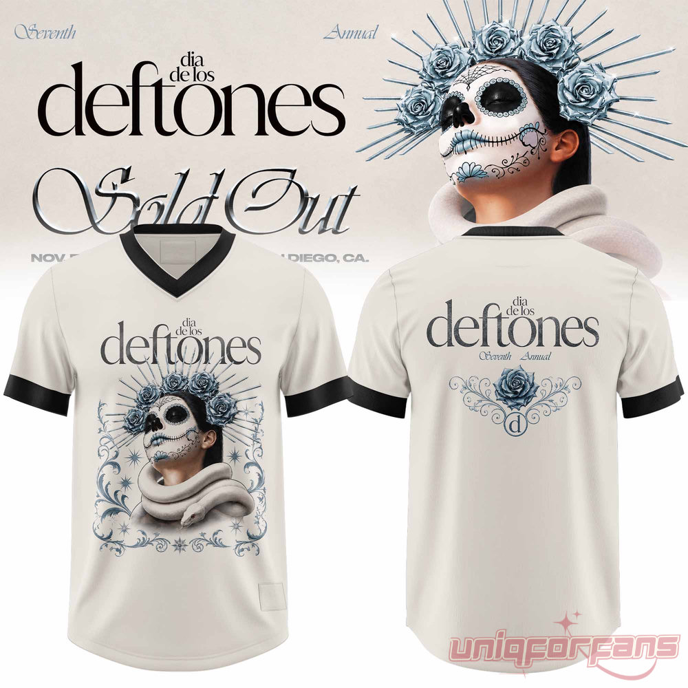 Dia De Los Deftones V-neck football jersey in off-white featuring sugar skull art, white snake, and blue rose crest back