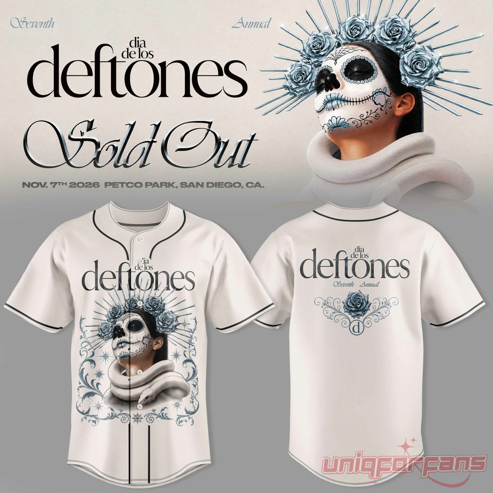 Dia De Los Deftones baseball jersey in off-white featuring sugar skull art with a snake and floral back crest