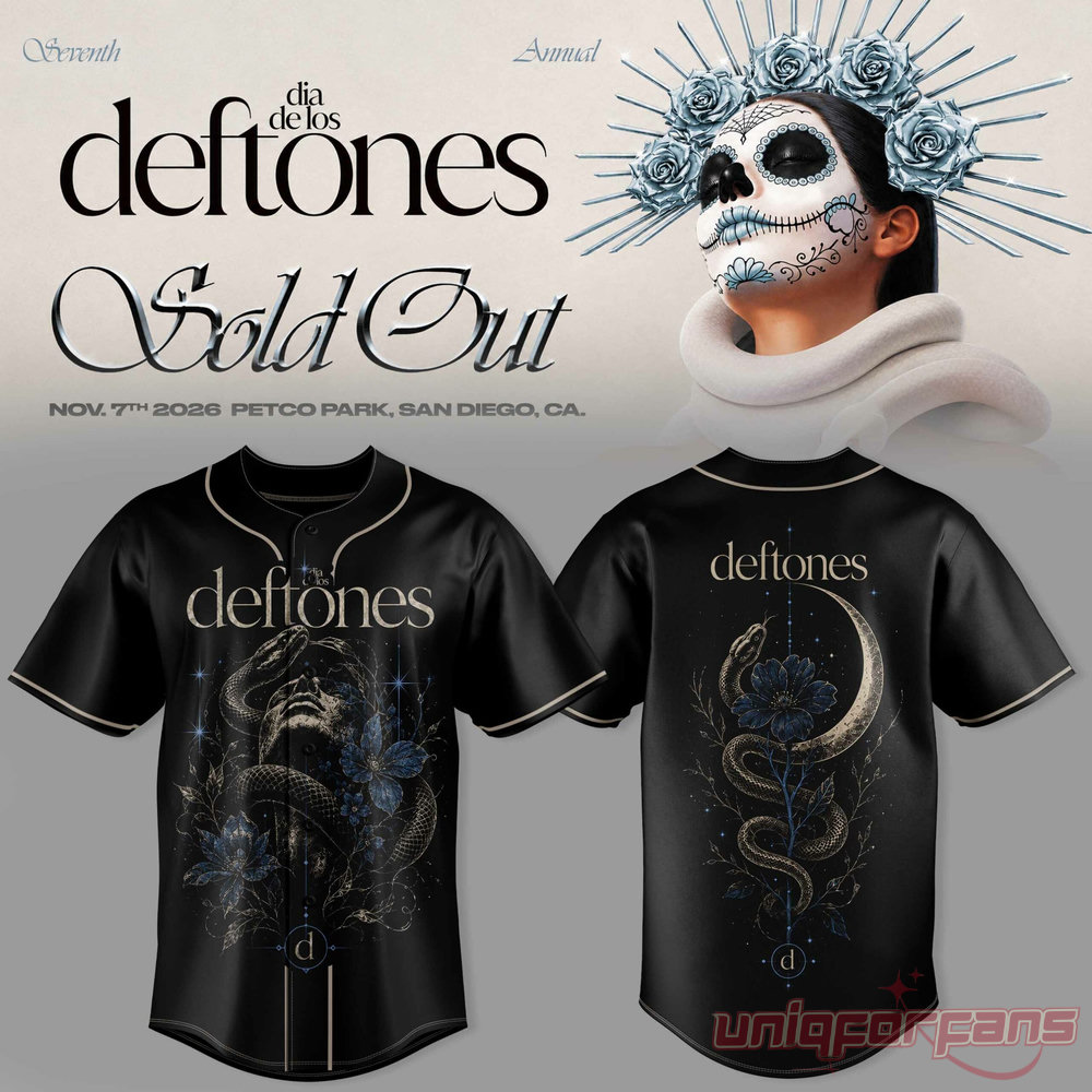 Dia De Los Deftones baseball jersey in black featuring surrealist face and snake artwork with crescent moon back print