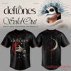 Dia De Los Deftones baseball jersey in black with red trim, featuring a shadowed face portrait and crescent moon back