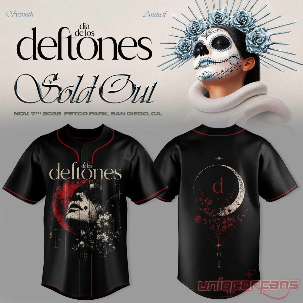 Dia De Los Deftones baseball jersey in black with red trim, featuring a shadowed face portrait and crescent moon back