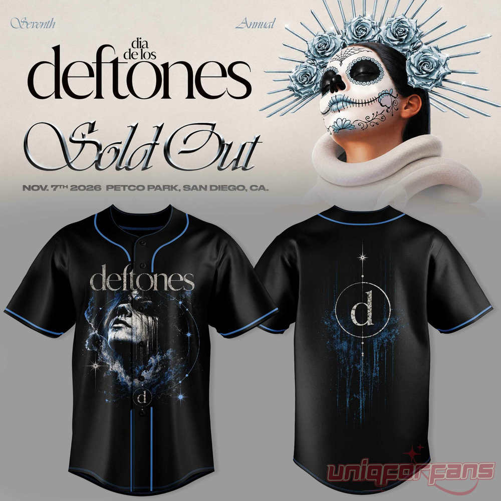 Dia De Los Deftones baseball jersey in black with blue piping, featuring celestial face artwork and 'd' logo back print