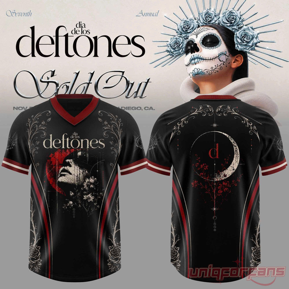 Dia De Los Deftones V-neck football jersey in black with red floral vines, crescent moon, and face portrait print
