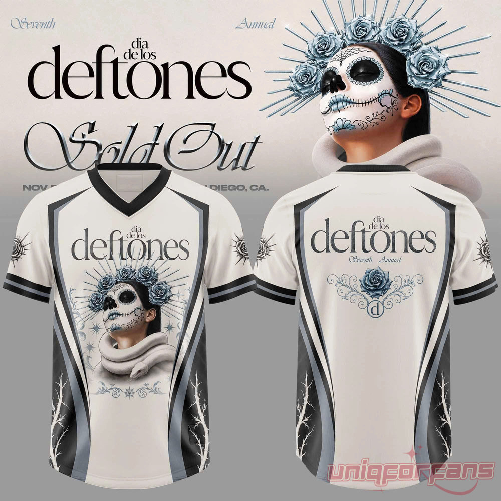 Dia De Los Deftones V-neck football jersey in white with blue rose crown portrait and silver floral vine details