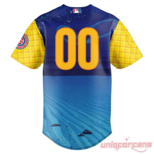South Bend Cubs x SpongeBob SquarePants custom baseball jersey back featuring yellow player numbers on an ocean backdrop