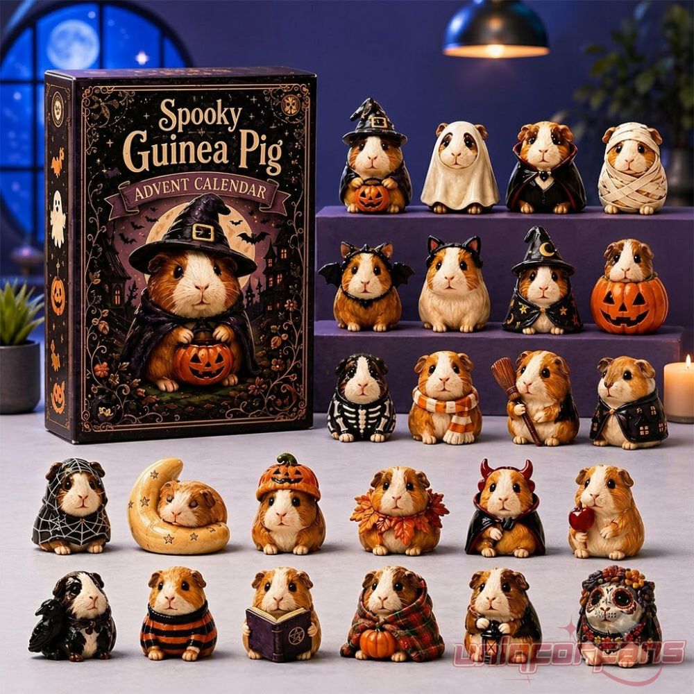 Spooky Guinea Pig Halloween Advent Calendar Mini Resin Figurines Set featuring guinea pigs in witch and ghost costumes