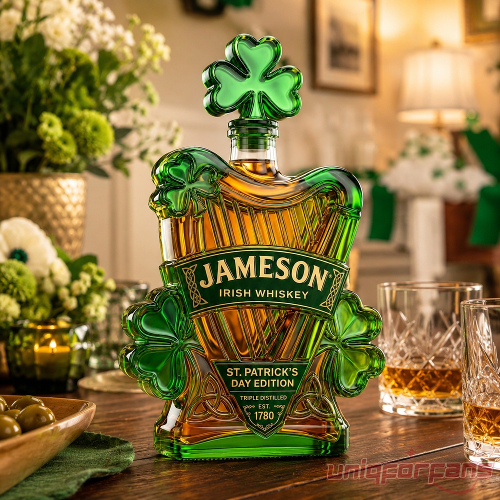 Jameson St. Patrick's Day Limited Edition harp-shaped whiskey bottle with green shamrocks on a wooden bar table