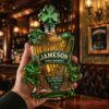 Hand holding a Jameson St. Patrick's Day Limited Edition Celtic harp whiskey bottle in a traditional pub setting